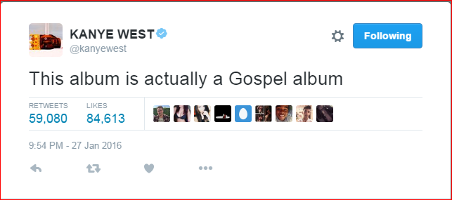 Kanye Tweet about TLOP Gospel
